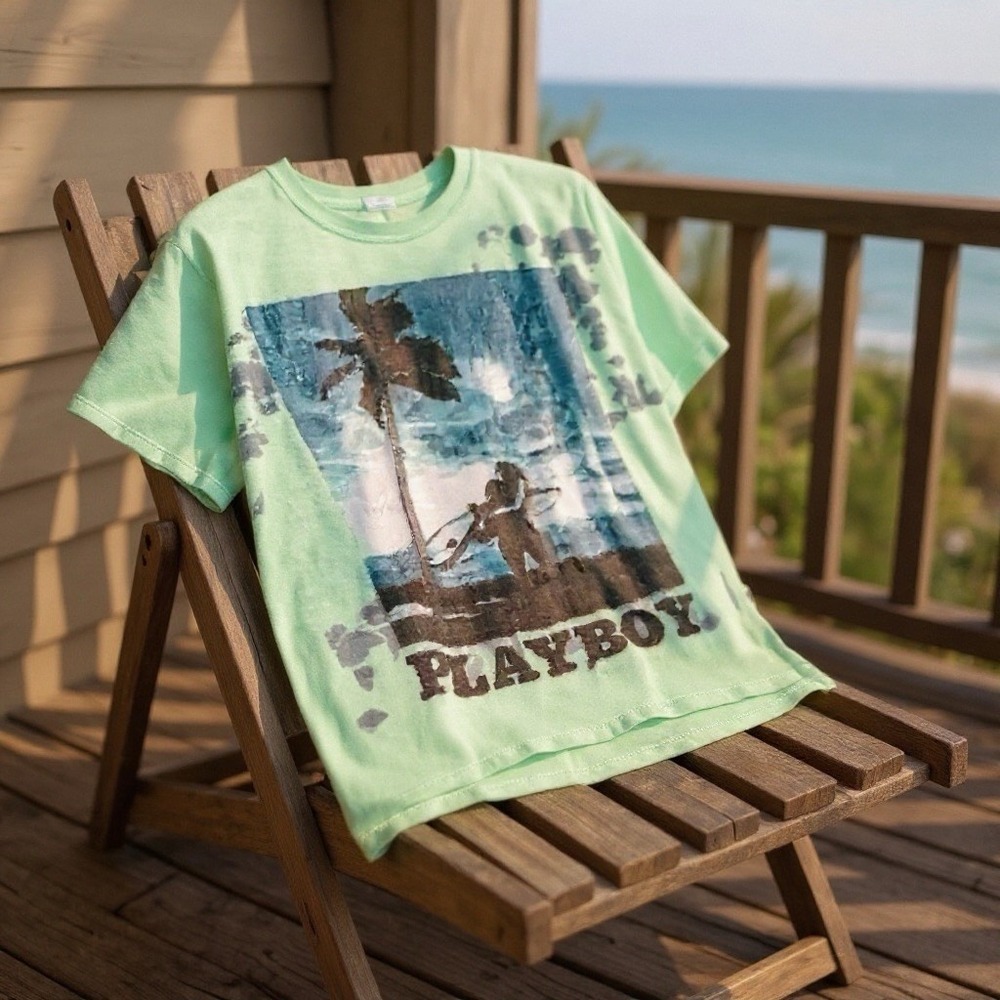 Licensed Playboy Beach T-shirt Size Medium Unisex Graphic T-shirt Green Multi..